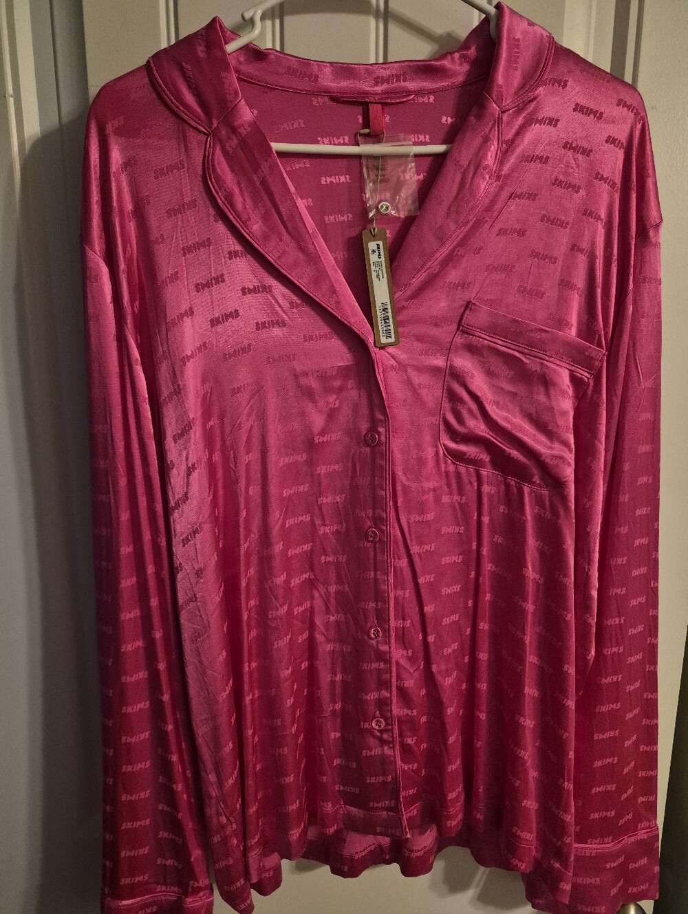 SKIMS Silky Hot Pink Satin Button-Front Pajama Top - M